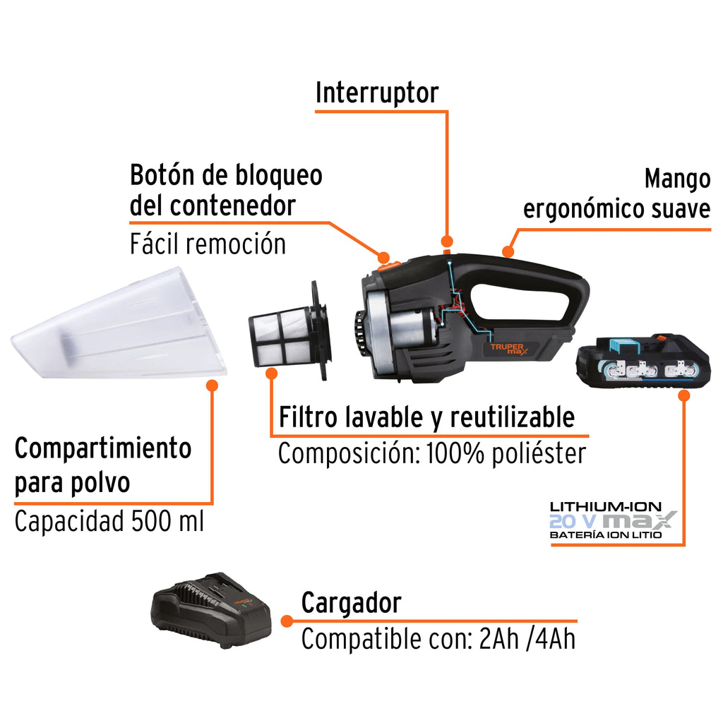 Aspiradora inalámbrica 20V, Truper Max MAX-20A