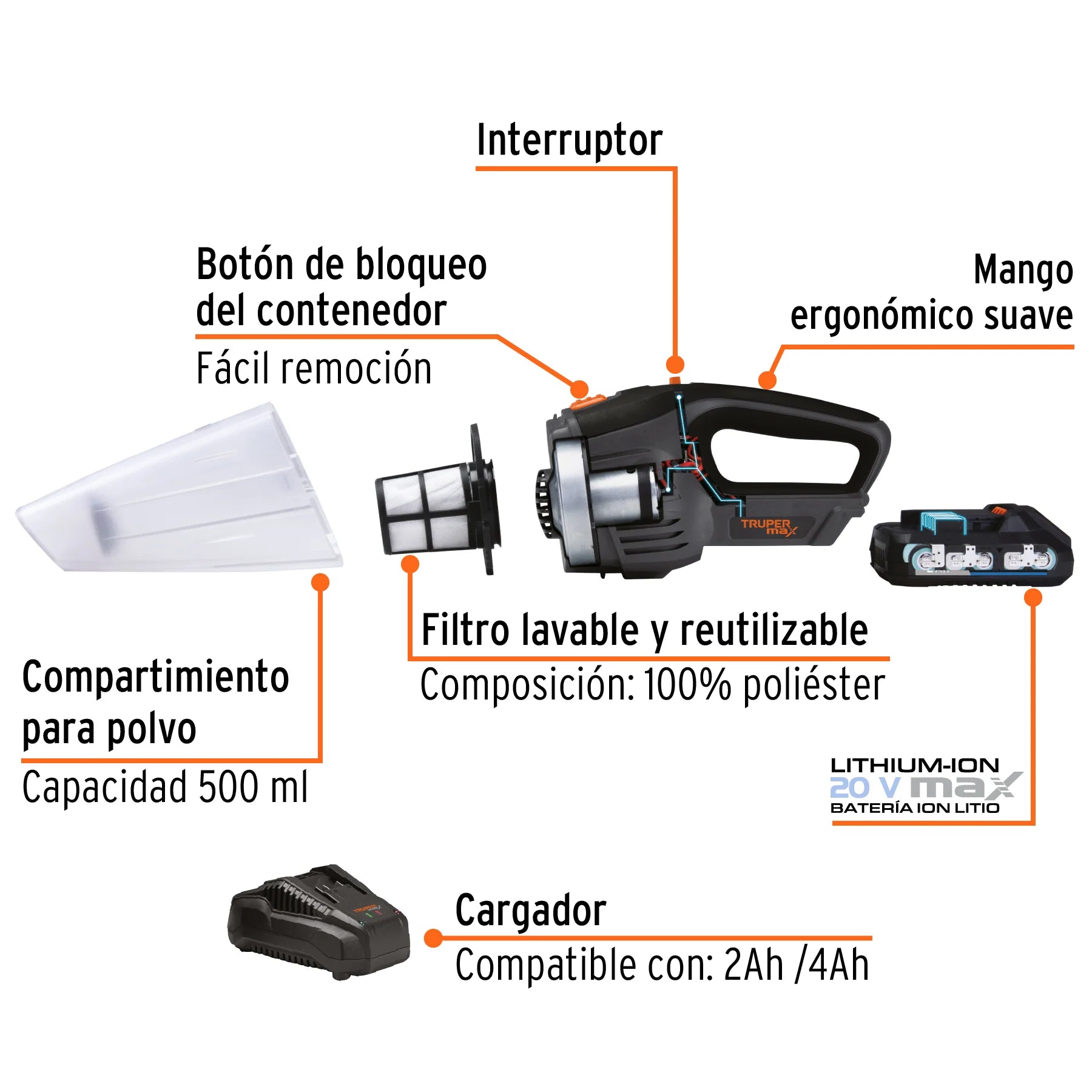 Aspiradora inalámbrica 20V, Truper Max MAX-20A